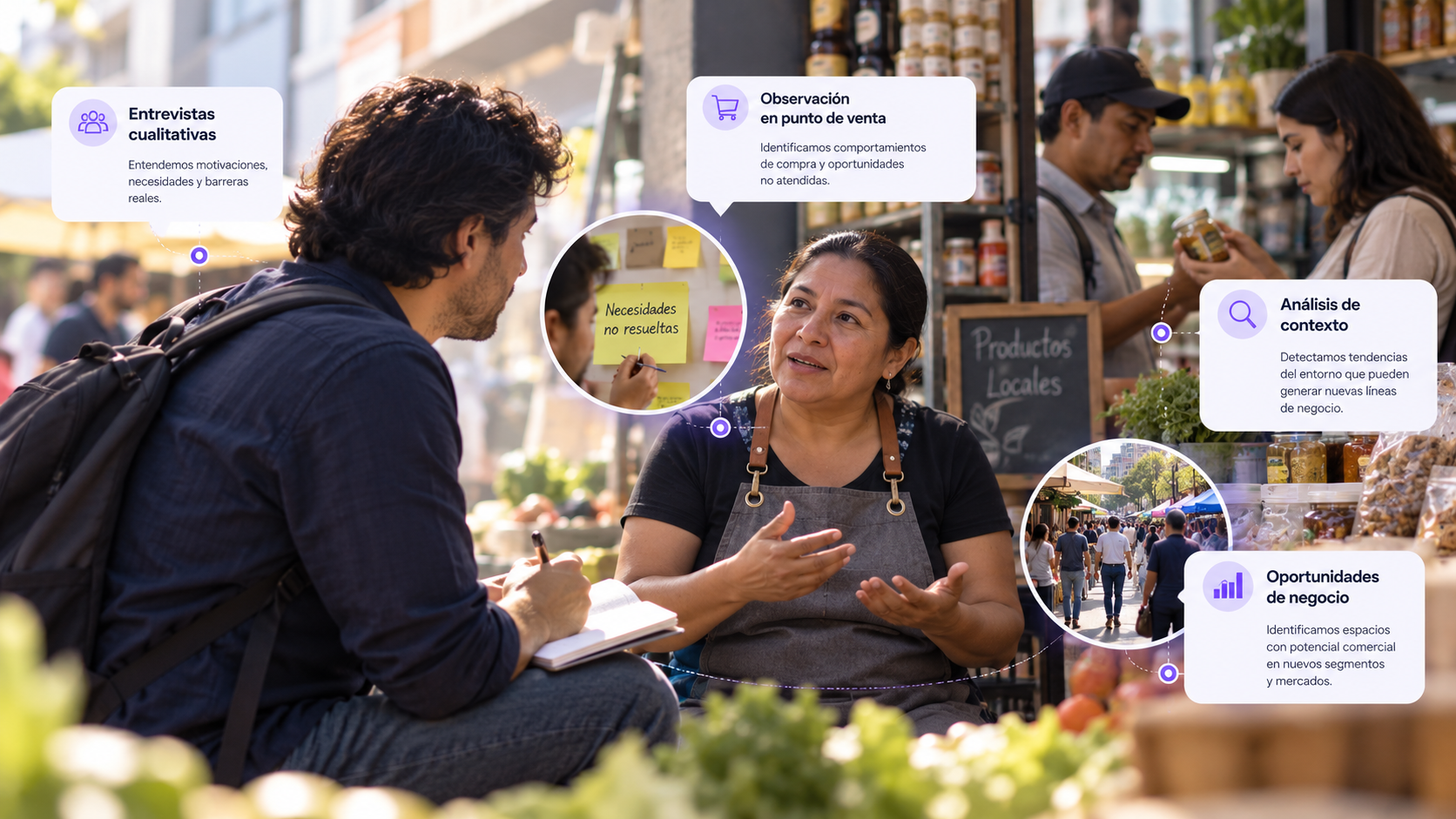 Investigación de consumidores y necesidades para descubrir nuevas oportunidades de mercado