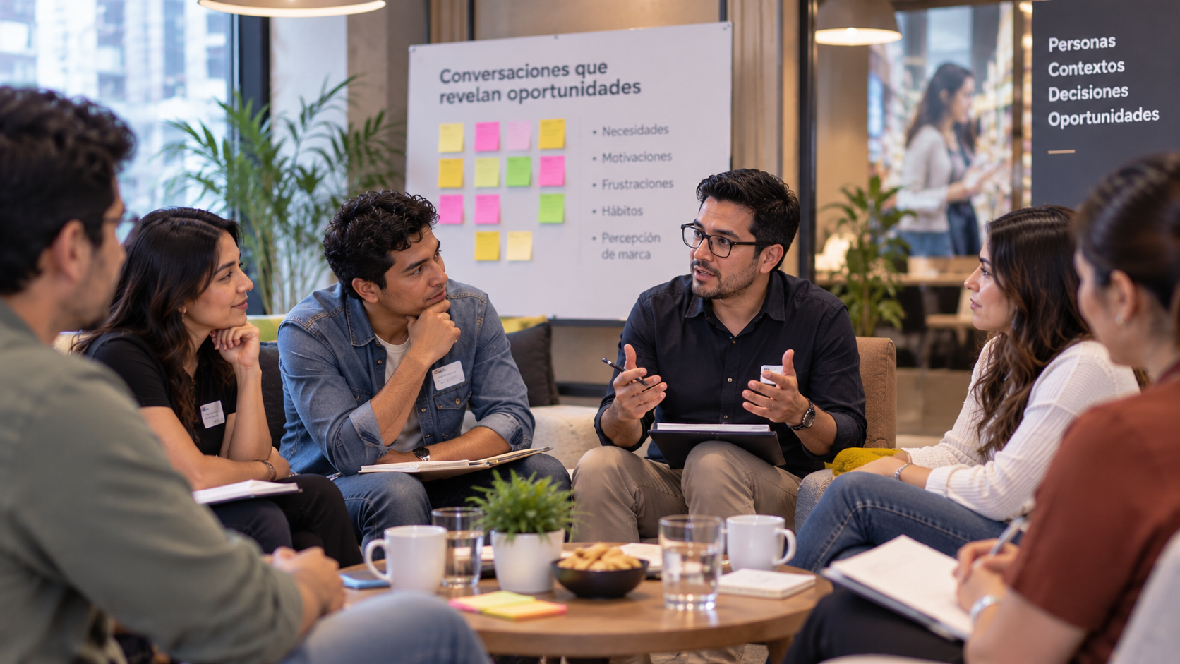 Sesión de focus group con participantes y moderador investigando necesidades y motivaciones del consumidor