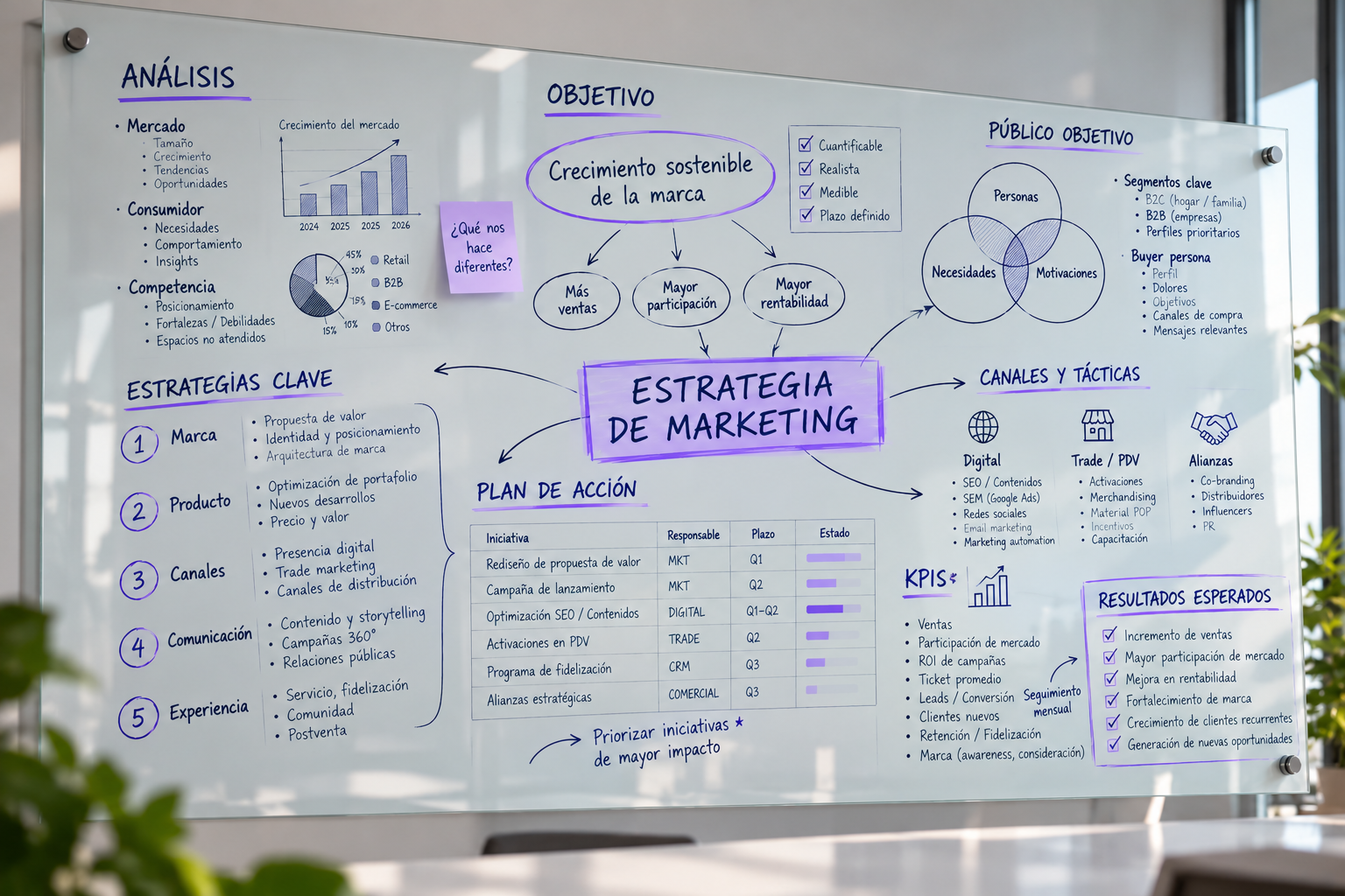 Pizarra con planificación estratégica de marketing