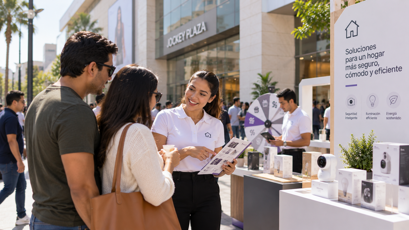 Activación de marca con promotores y consumidores en el exterior de un centro comercial.
