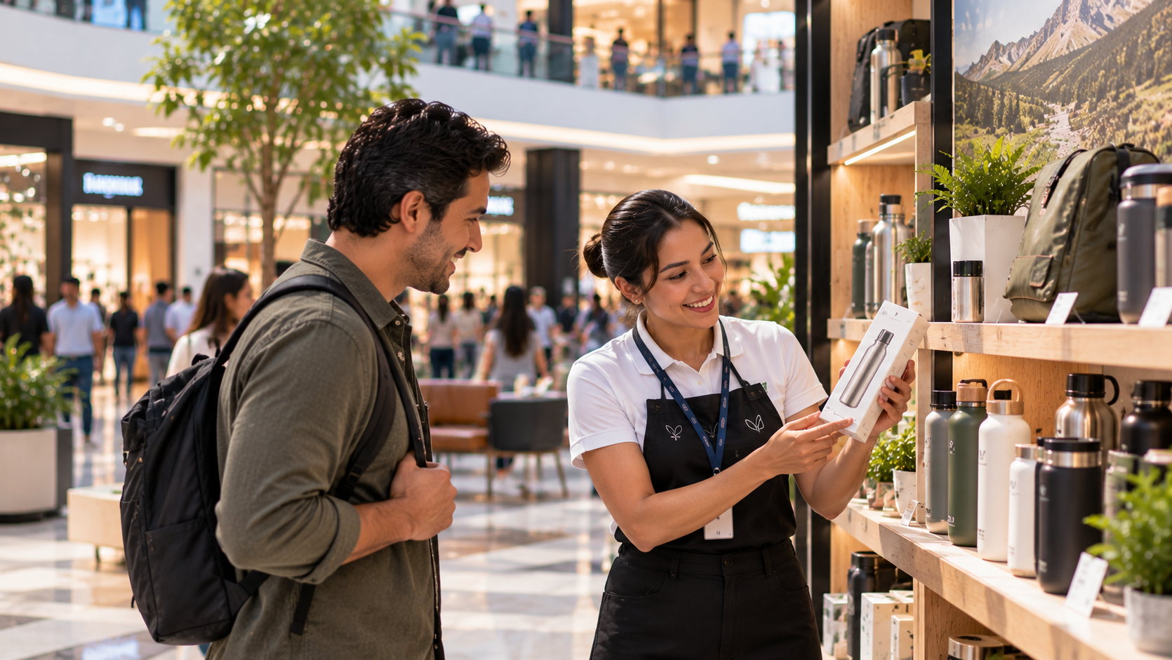 Asesoría comercial y exhibición de productos en un punto de venta dentro de un centro comercial.
