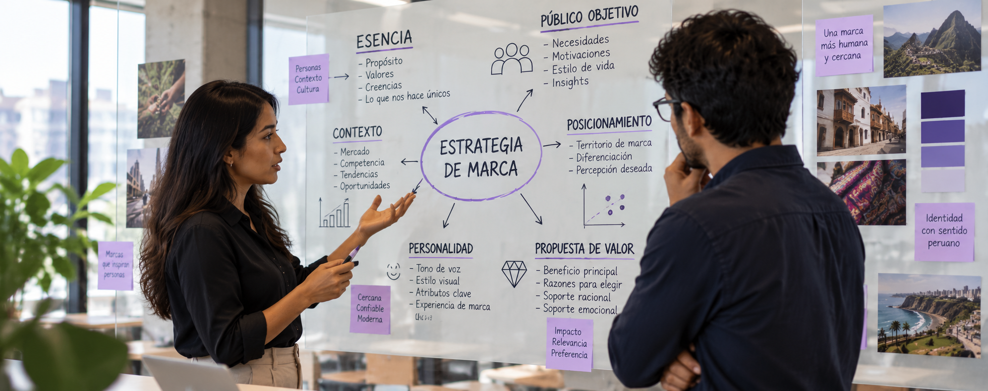 Dos profesionales peruanos analizan la estrategia de marca en una pizarra de vidrio con conceptos de posicionamiento, público objetivo y propuesta de valor.