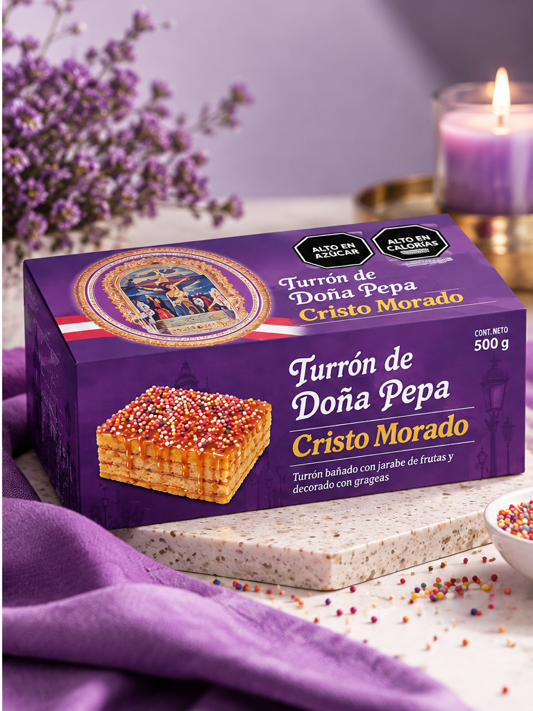 Caja de turrón de Doña Pepa Cristo Morado, producto tradicional peruano vinculado a la celebración del Señor de los Milagros