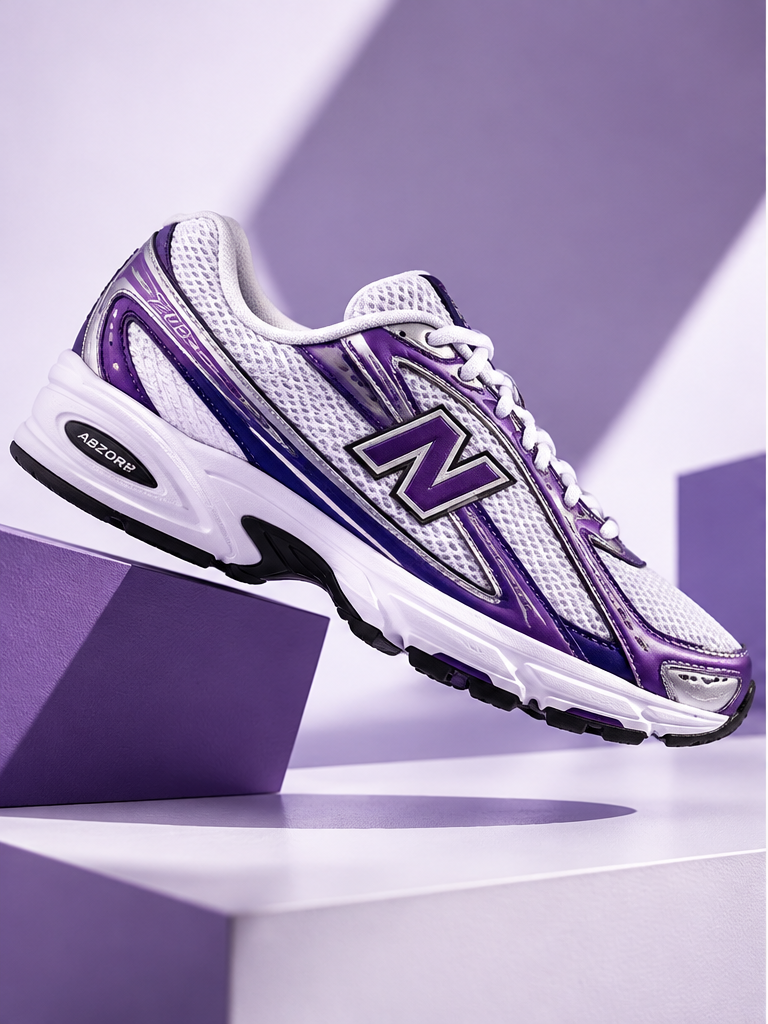 Zapatilla deportiva morada y blanca presentada en una composición publicitaria